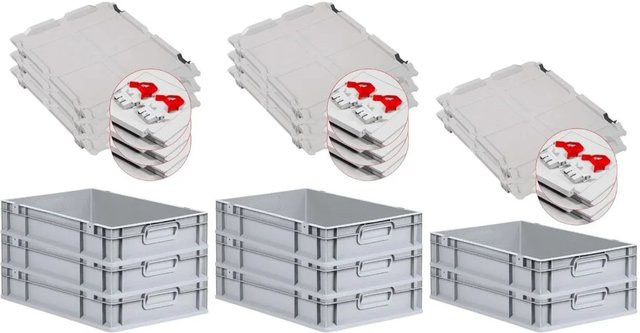 PROREGAL SuperSparSet 8x Eurobox NextGen Grip mit Scharnierdeckel und roten Schiebeschnappverschlüssen, Grau, H: 12 cm, B: 40 cm, T: 60 cm - Bild 1