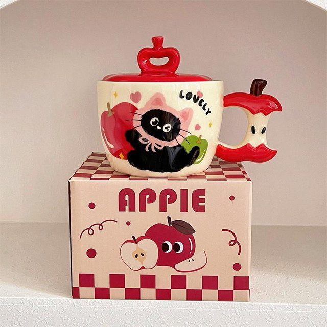 Kreative Keramiktasse mit Deckel und Apfel-Katze-Motiv von Yiran Bag, 350 ml, in Grün, Rot oder Weiß - Bild 1