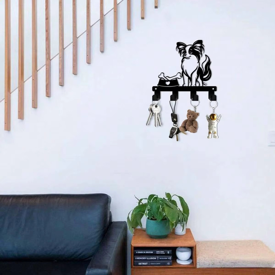 Bohemian Dog Schlüsselhaken zur Wandmontage mit Regal in Schwarz aus Metall – Chihuahua-Silhouette Haustier-Organizer und Wanddekoration - Bild 2