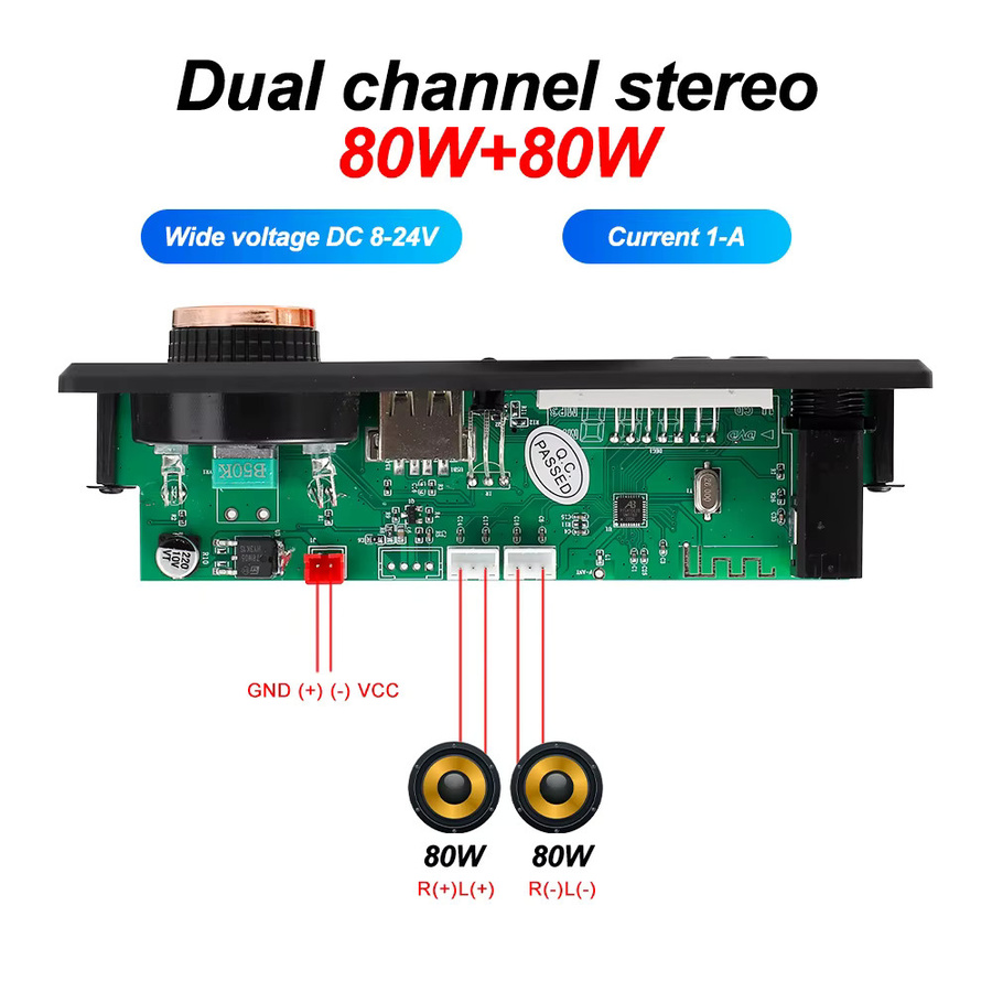 Kebidu Bluetooth 5.1 MP3 Decoder Board mit Freisprecheinrichtung, USB, TF, FM und 6,5mm Mikrofon Anschluss, Schwarz - Bild 4