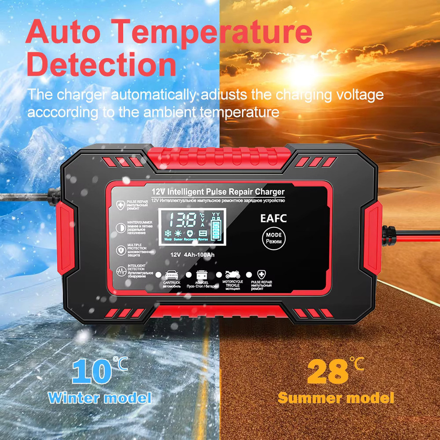 EAFC 6A 12V Smart Car Battery Charger Auto- und Motorradbatterieladegerät mit LCD-Display für Blei-Säure-Batterien in Rot und Schwarz - Bild 4