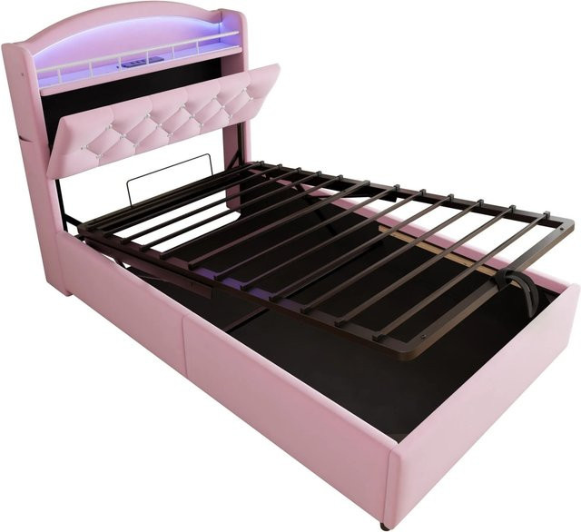 Merax Kinderbett aus Samt in Rosa mit LED-Beleuchtung, USB-Anschluss und Stauraum, B/T/H: 90 x 200 x 45 cm - Bild 1