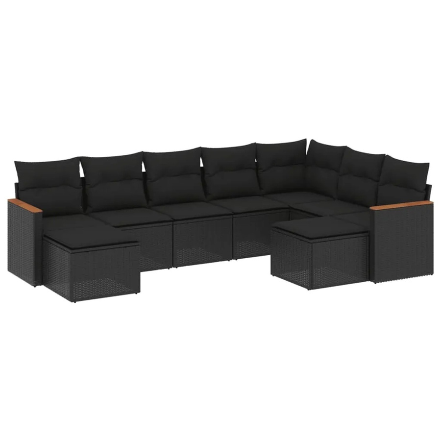 vidaXL 9-tlg. Garten-Sofagarnitur in L-Form aus Poly-Rattan und Akazienholz mit Kissen in Schwarz - Bild 2