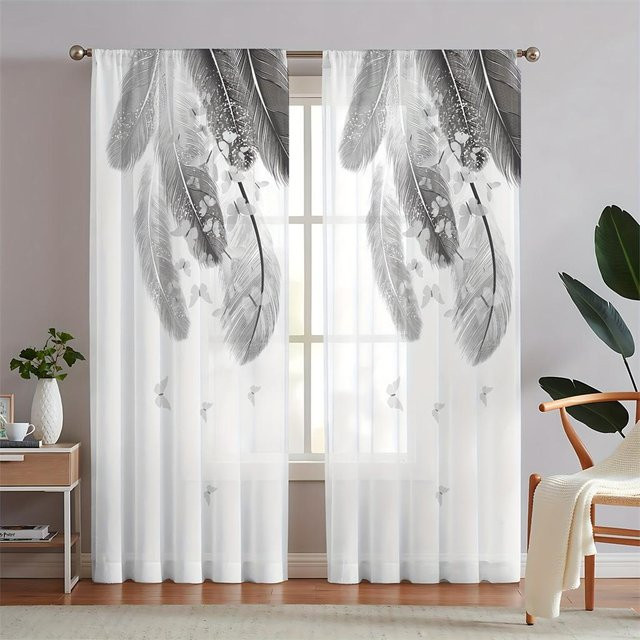Yiran Furniture Voile-Jalousien aus Tüll mit goldenen Federn und Blättern, 2er-Set, Transparent/Gold/Weiß, B: 100 cm, H: 240 cm - Bild 1