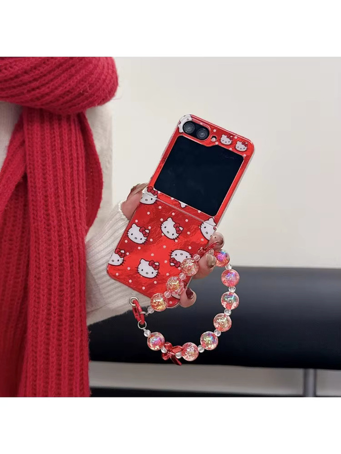 Sanrio Hello Kitty Handyhülle mit Wellenpunkt-Schleifen-Design für Samsung Galaxy Z Flip 7 6 5 4 3, rote TPU-Schutzhülle mit Trageband - Bild 4