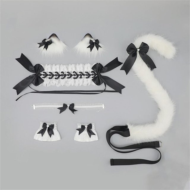 YIRAN Set Katzenohren Haarspangen Stirnband Schleife Choker Armband, Weiß, Unisex - Bild 1