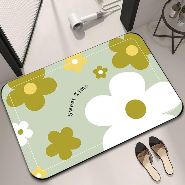 Saugfähige Badezimmer Matte mit Blumenmuster von Yiran Furniture, rutschfest und schnelltrocknend, B/H: 90 x 60 cm, Farben: Weiß, Gold, Grün - Bild 1