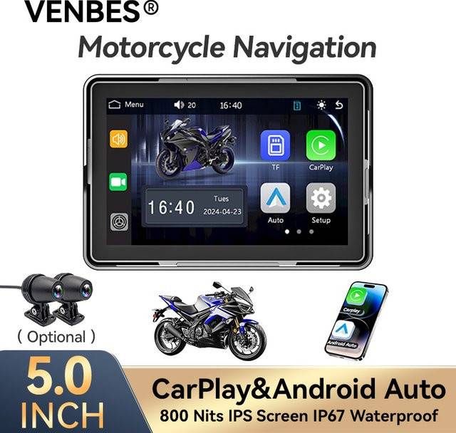 VENBES Tragbares Motorrad-Navigationssystem mit 5 Zoll Display, CarPlay und Android Auto, Wasserdicht IP67, GPS und Bluetooth 5.0, Schwarz - Bild 1