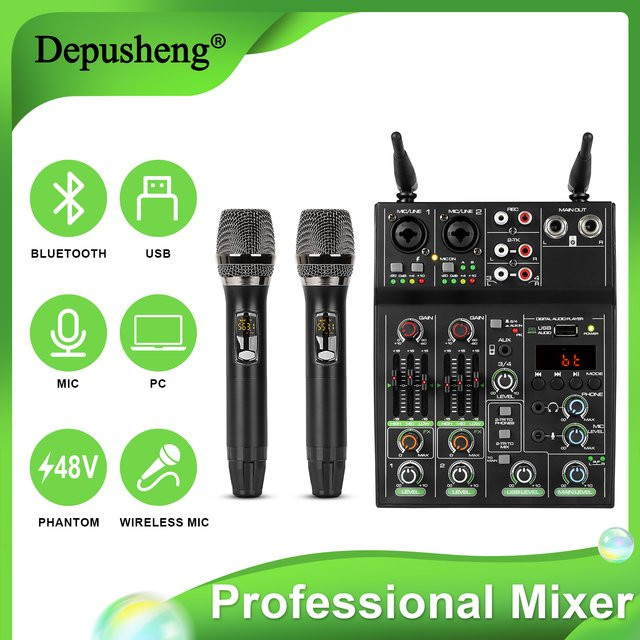 Depusheng Professioneller 4-Kanal Audio-Mixer in Schwarz mit zwei drahtlosen Mikrofonen, Bluetooth, USB-Schnittstelle und 48V Phantomspeisung für DJ-Mixing und PC-Aufnahmen - Bild 1