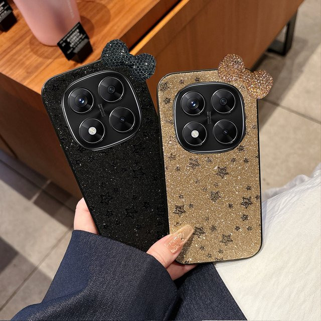Luxuriöse Handyhülle mit 3D Diamant Schleife und funkelnden Sternen aus Leder für Xiaomi Redmi Note 14 15 Pro Plus 4G 5G in Gold - Bild 1