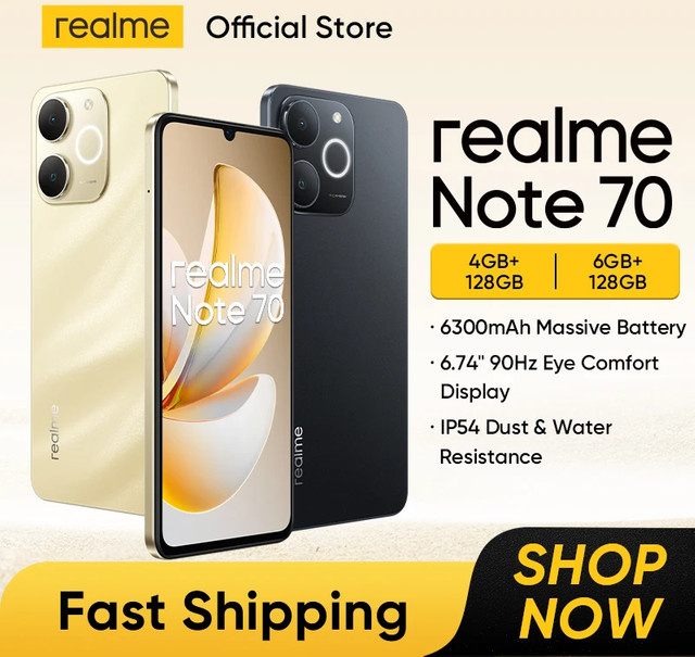 realme Note 70T Smartphone Globale Version mit 4 GB RAM und 128 GB oder 256 GB Speicher, 6000 mAh Akku, 4G LTE, Schwarz - Bild 1