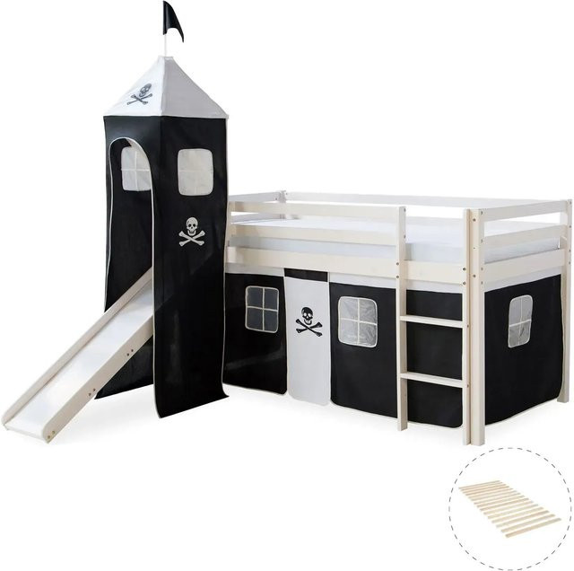 Homestyle4u Kinder Hochbett Pirat aus Kiefernholz mit Rutsche, Turm und Vorhang in Weiß/Schwarz, B/T/H: 207,5 x 96,5 x 110 cm - Bild 1