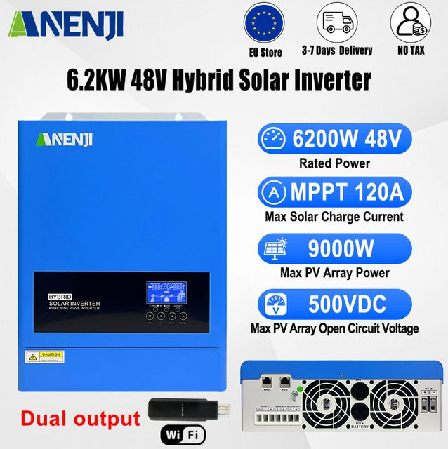 ANENJI Hybrid-Solarwechselrichter mit reiner Sinuswelle, 6,2kW Off/On-Grid MPPT Solarwechselrichter und 120A Solarladegerät, 9000W 500VDC, Blau - Bild 1