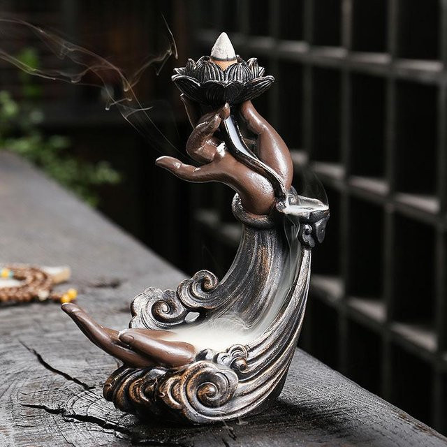 Yiran Furniture Zen Weihrauch Rückfluss Wasserfall Buddha Räuchergefäß in Schwarz - Bild 1
