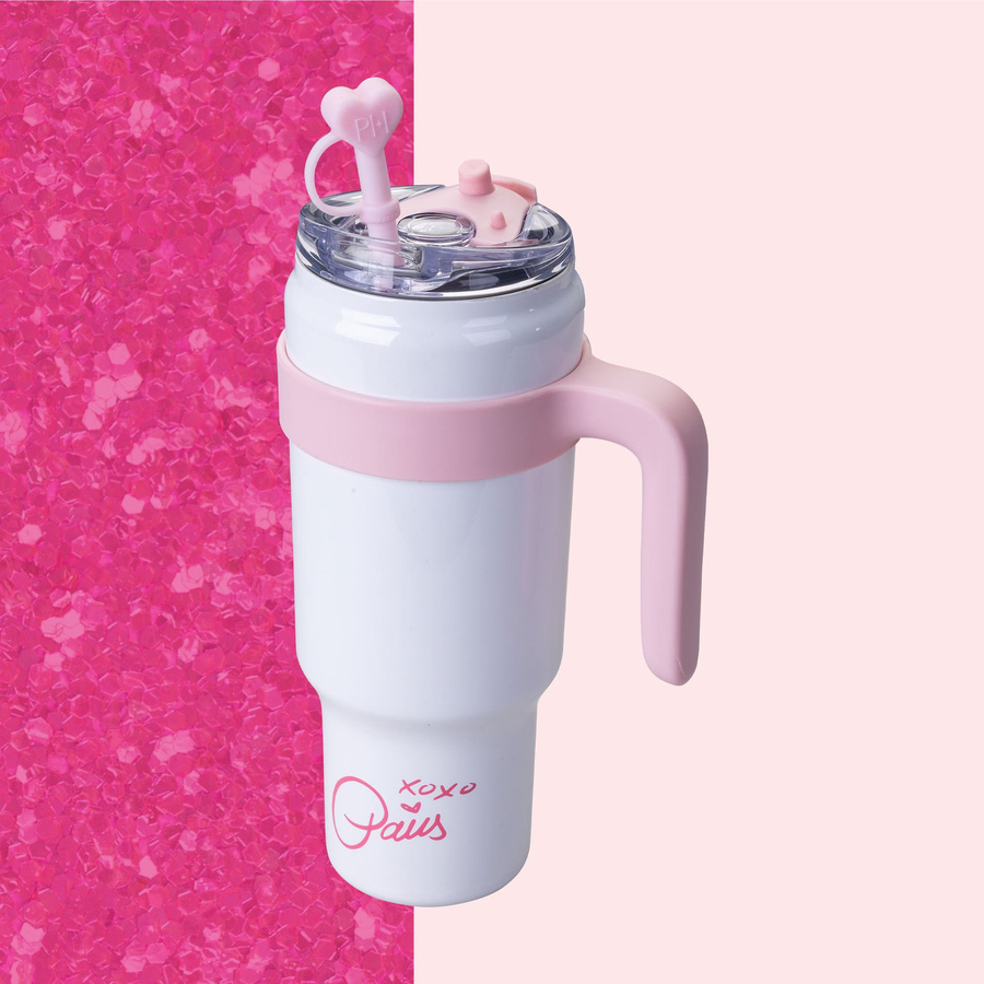 Paris Hilton Trinkbecher mit Strohhalm-Deckel und Herz-Design in Weiß und Pink, 1 l - Bild 2