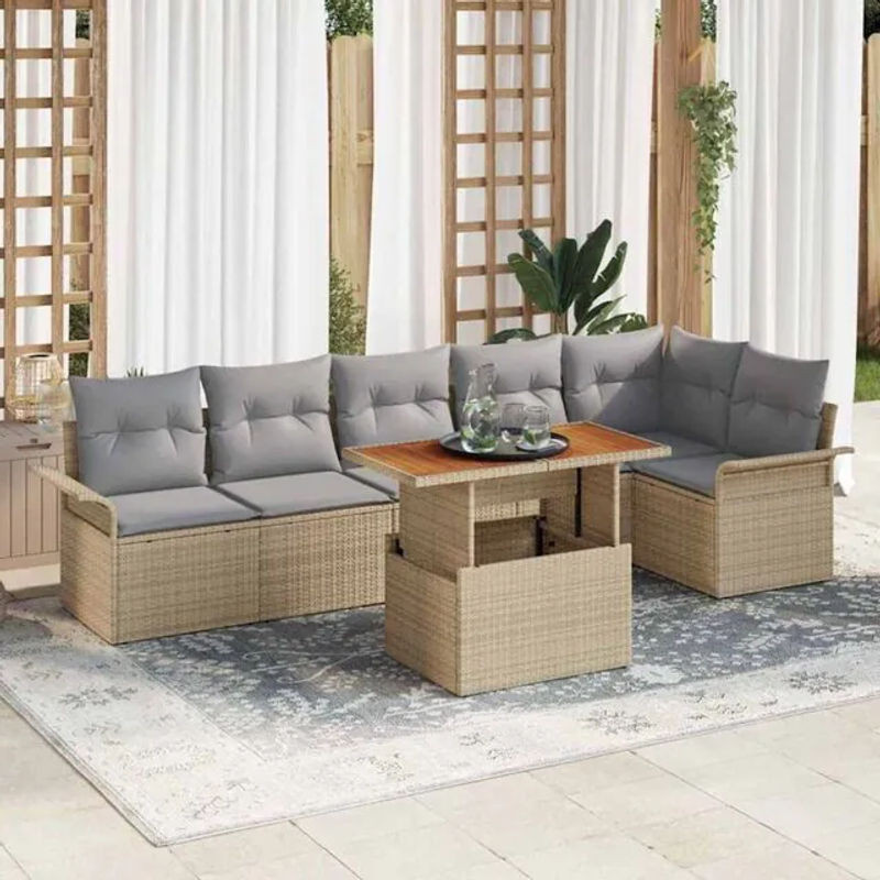 7-teiliges Polyrattan Garten-Sofa-Set von Vidaxl in Beige und Grau mit Akazienholz, B/T/H: 100 x 55 x 73 cm - Bild 1