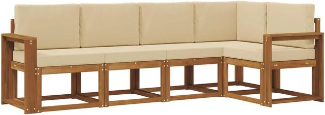 vidaXL Garten-Sofa-Set in L-Form mit 5 Kissen, Beige und Braun, aus Akazienholz mit UV-beständigem Polyester-Bezug - Bild 1