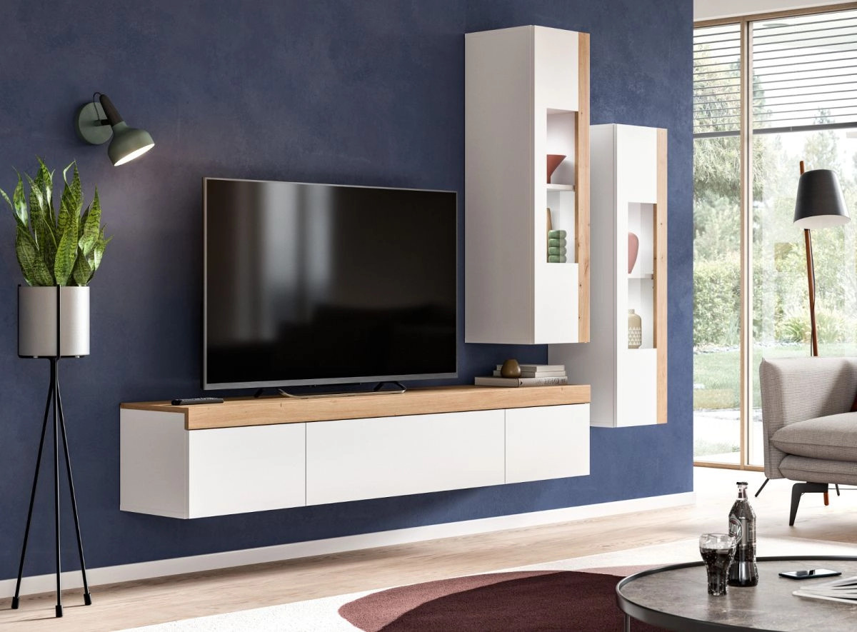 Inn.Furn Wohnwand 3-teilig Siena in Weiß und Eiche mit Displayvitrine und Lowboard, Breite: 270 cm - Bild 4