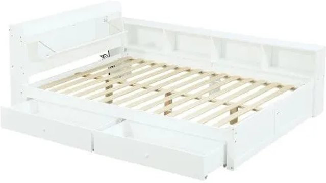 KOMHTOM Doppelbett Weiß mit Kopfteil, Stauraum, 2 Lampen, Steckdose und seitlichen Schränken, B/T/H: 140 x 200 x 80 cm - Bild 1