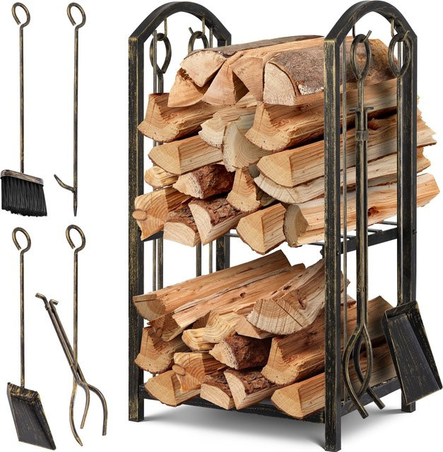 KESSER Kaminholzregal 5-teiliges Set aus Metall in Schwarz mit 4 Kaminwerkzeugen, verstellbarer Brennholzständer für Innen und Außen, B/T/H: 40 x 30 x 74,5 cm - Bild 1
