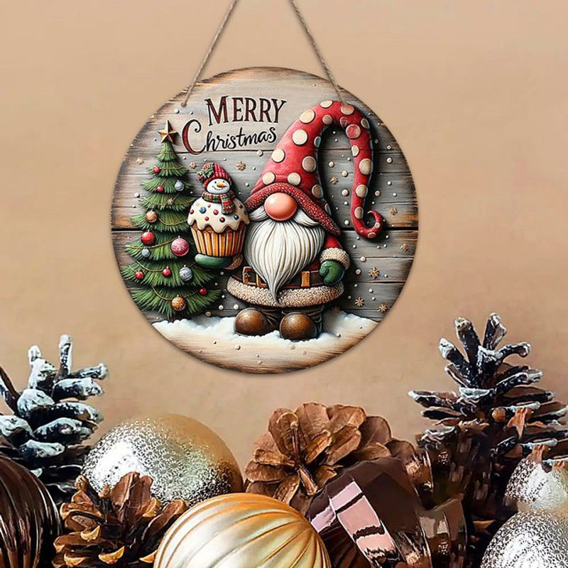 Rustikales Weihnachts-Hängeornament aus Holz mit Zwerg-Motiv und Schriftzug, mehrfarbig - Bild 1