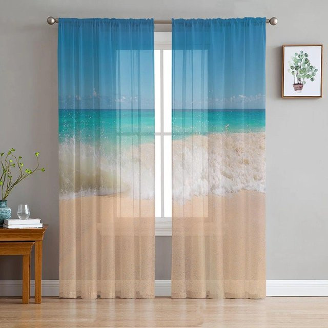 Transparente Voile-Vorhänge von Your Warm Home mit Meer-Strand-Verlauf in Blau und Khaki, Breite: 135 cm, Höhe: 114 cm - Bild 1