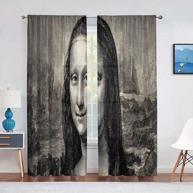 Transparenter Tüllvorhang mit Mona Lisa und Kätzchen Motiv in Grau, Breite: 100 cm, Höhe: 250 cm - Bild 1