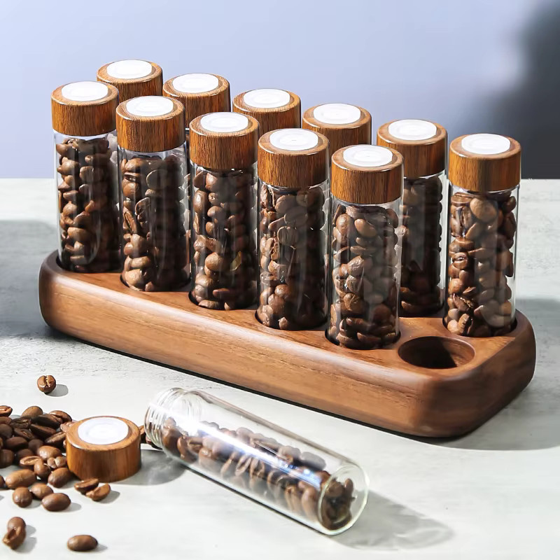 Havmore Holzhalter für 12 Reagenzgläser aus Holz und Glas in Braun zur Aufbewahrung von Kaffeebohnen - Bild 2