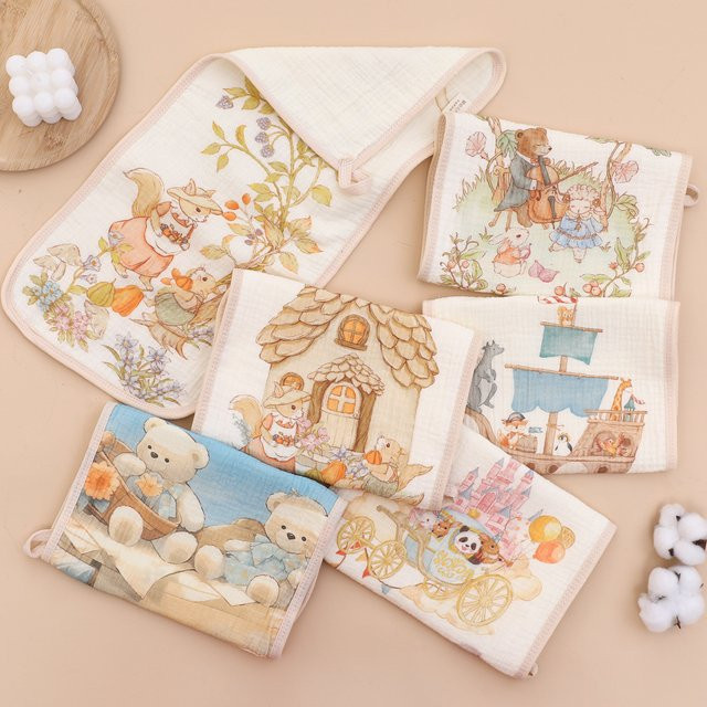 Babyhandtuch aus Baumwolle mit Cartoon-Druck in Mehrfarbig, 4-lagiges Musselin-Gesichtshandtuch für die Babypflege - Bild 1