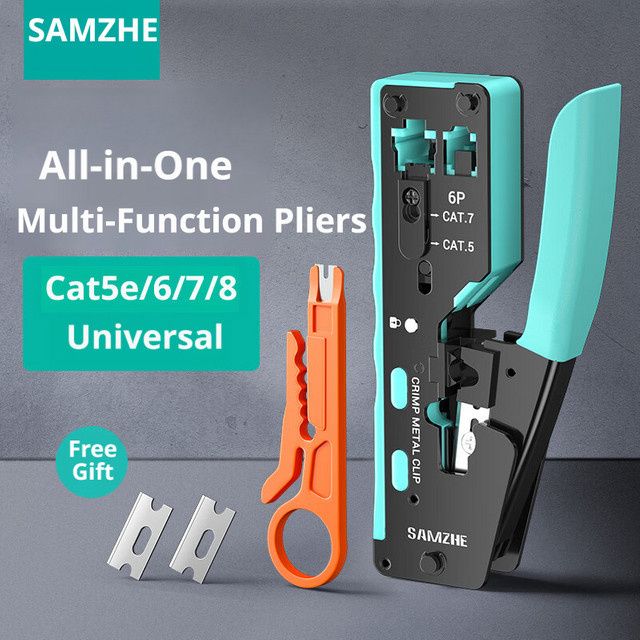 SAMZHE RJ45 Crimpzange mit Durchgangsfunktion und Schneidefunktion für Cat6a Cat6 Cat5 8P8C modulare Steckverbinder in Türkis - Bild 1