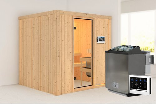 Karibu Sauna Kabli aus Fichte in Braun mit 9 kW Ofen für 4 Personen, B/T/H: 196 x 178 x 198 cm - Bild 1