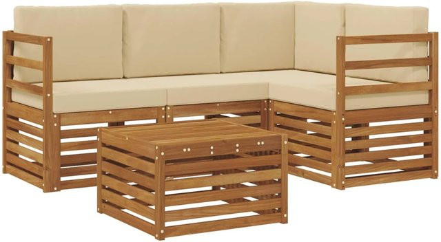 vidaXL Sofagarnitur 5-teilig aus Massivholz Akazie in Natur und Beige mit L-Form und Polsterkissen - Bild 1