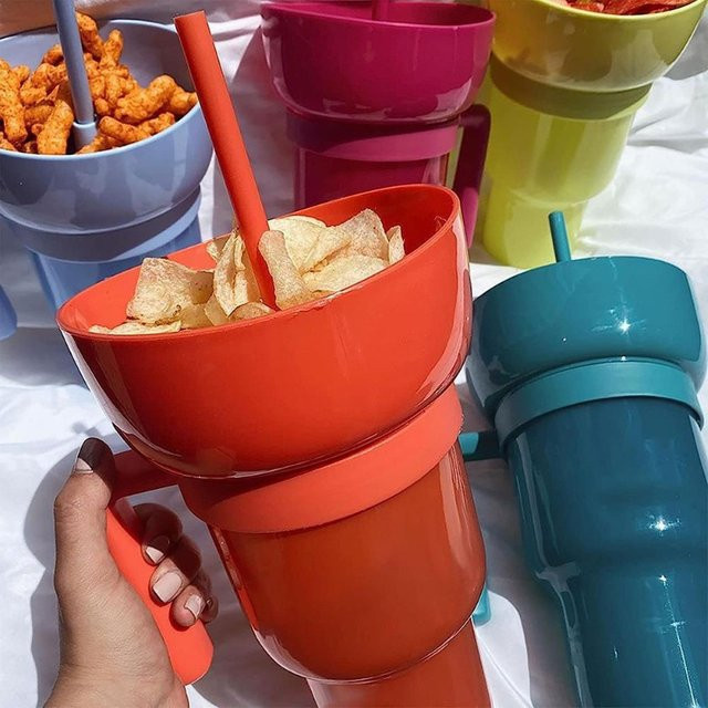 2-in-1 Popcorn-Snackbecher und Getränkebecher mit Griff in Blau, tragbares Design mit B/T/H: 26,0 x 14,0 cm - Bild 1
