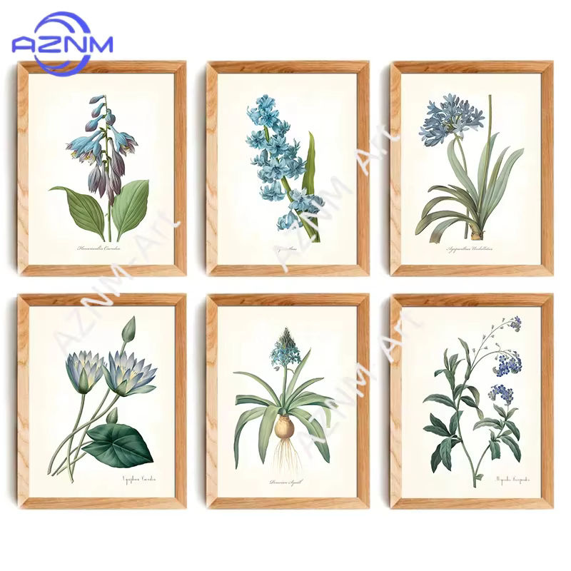Potdemiel Leinwandgemälde mit botanischen blauen Blumen und grünen Blättern im Vintage-Stil, rahmenloses Wandbild für deine Heimdekoration - Bild 3