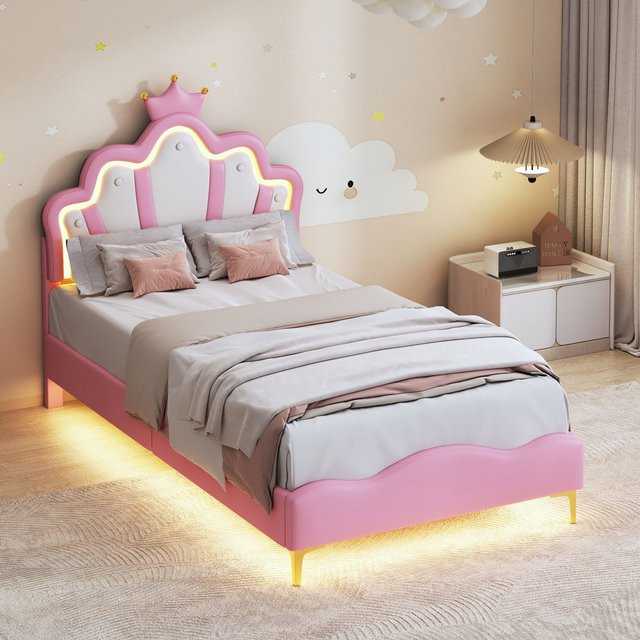 Rosahqnda Kinderbett in Prinzessinnenform mit Kronenform und verstellbarem Kopfteil, Farbe Pink, B/T: 90 x 200 cm - Bild 1