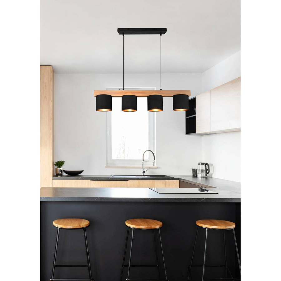 Reality Pendelleuchte Cameron 4-flammig schwarz Holz Metall B: 75 cm, H: 150 cm, T: 12 cm, E14 - Bild 2