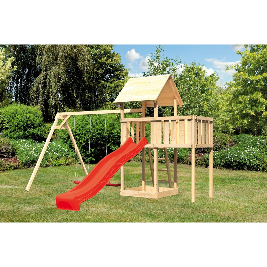 Karibu Spielturm Lotti aus Fichtenholz mit Doppelschaukel, Anbauplattform und Rutsche in Rot - Bild 2