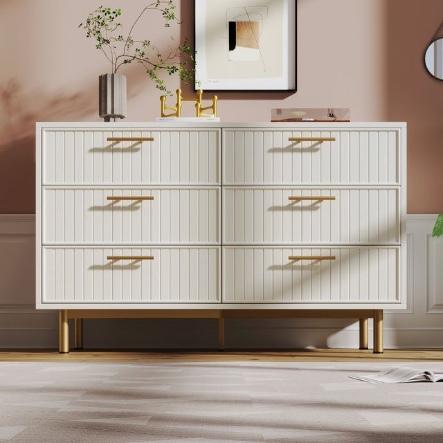 AB Store Kommode mit 6 Schubladen in Weiß und Gold, moderne Schubladenkommode mit vergoldeten Griffen, B/T/H: 120 x 40 x 75,5 cm - Bild 1