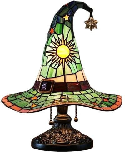 Aunel Hexenhut Tischlampe aus Buntglas und Harz in Grün und Multicolour für dein Schlafzimmer - Bild 1