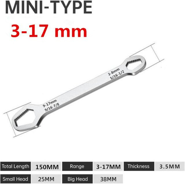 Yiran Furniture Universal-Torxschlüssel aus Chrom-Vanadium in Silber, verstellbarer Doppelkopf-Schraubenschlüssel für 3–17 mm und 8–22 mm, Dicke: 3,5 mm - Bild 1