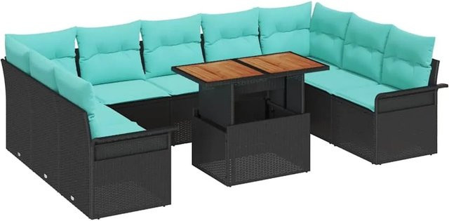 vidaXL Garten-Sofa-Set in U-Form mit Polstern und Speicherfunktion, Schwarz und Türkis, Poly-Rattan mit Metallgestell - Bild 1