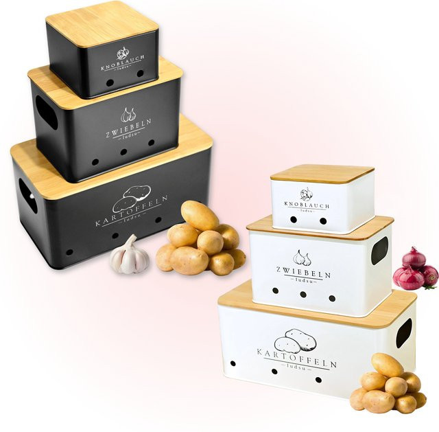 SAEIV 3-teiliges Metall-Kartoffelbox-Set mit Bambusdeckel in Schwarz oder Weiß, stapelbare Aufbewahrungsboxen für Kartoffeln, Zwiebeln und Knoblauch mit Lüftungslöchern - Bild 1