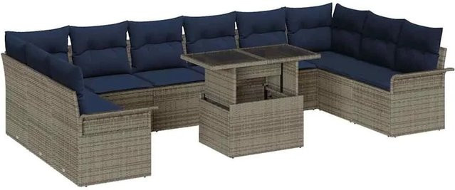 vidaXL Gartensofa-Set in U-Form aus Poly Rattan und Stahl mit 11 Kissen in Grau-Blau - Bild 1