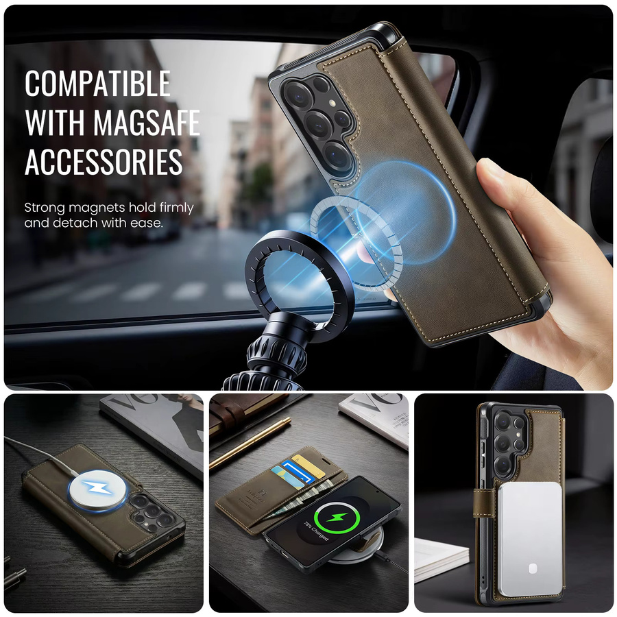 szHAIyu MagSafe Kartenfach Flip Cover für Samsung Galaxy S26 Ultra S25 Edge S24 FE Plus Magnetische Brieftaschen-Handyhülle aus PU-Leder in Braun - Bild 2