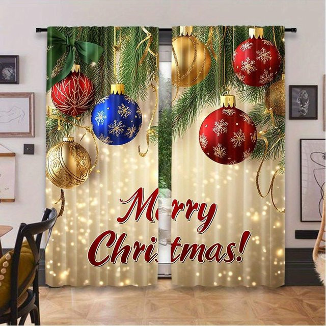 2er Set Weihnachts-Vorhänge mit Kiefernzweigen-Print, halbtransparent, Mehrfarbig, B: 100 cm, H: 130 cm - Bild 1