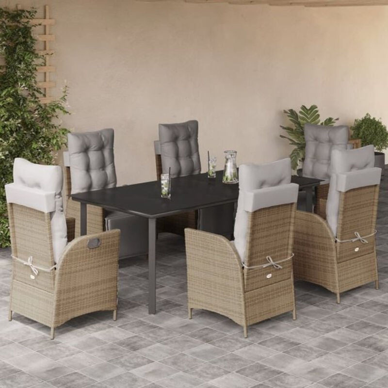 7-teilige Garten-Essgruppe vidaxl aus Poly-Rattan mit Kissen und Glastisch in Beige - Bild 1