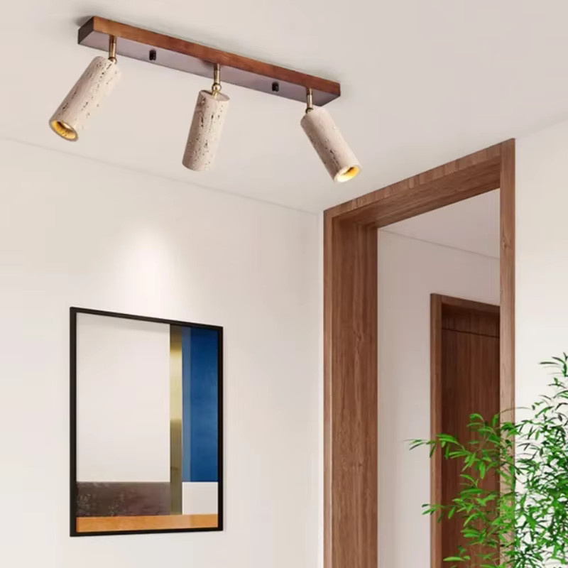 Wabi-Sabi Deckenleuchte aus gelbem Travertin im japanischen Stil mit 3-Kopf-Strahler in Beige und Gelb - Bild 1