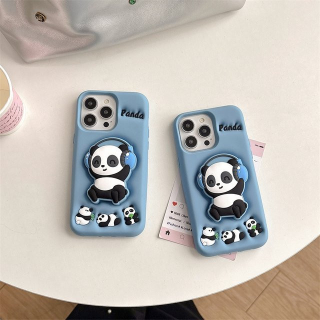 MUQGEW Panda Silikon Schutzhülle mit Teleskop-Halterung für iPhone 15 14 16 13 12 Pro Max in Blau - Bild 1