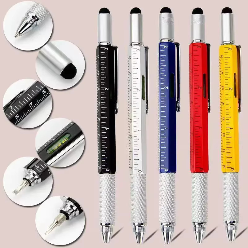 7-in-1 Multifunktions-Kugelschreiber aus Metall mit Lineal, Stylus, Schraubendreher und Wasserwaage in Schwarz und Multicolour - Bild 2