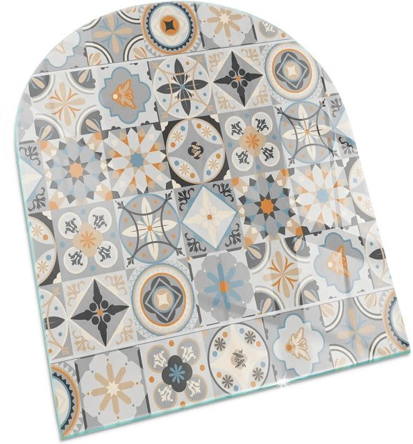 Tulup Kamin Glasplatte mit Mosaikmuster in Grau, Halbkreis Bodenplatte für Kaminofen, B: 80 cm, T: 70 cm - Bild 1